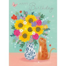 Decoupage Cat & Flowers Birthday Card