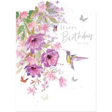 Flowers & Hummingbird Happy Birthday Card