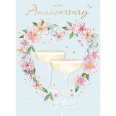 2 Glasses & Floral Heart Anniversary Card