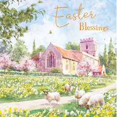 Easter Blessings Sheep Outside Church Card