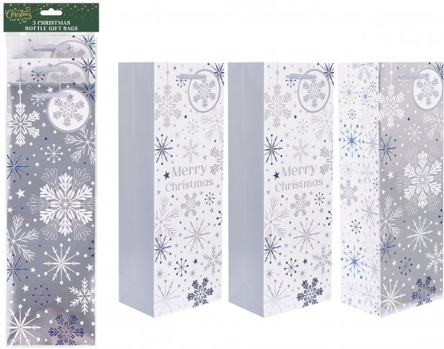 Christmas Bottle Bag Silver Snowflake 3 Pack