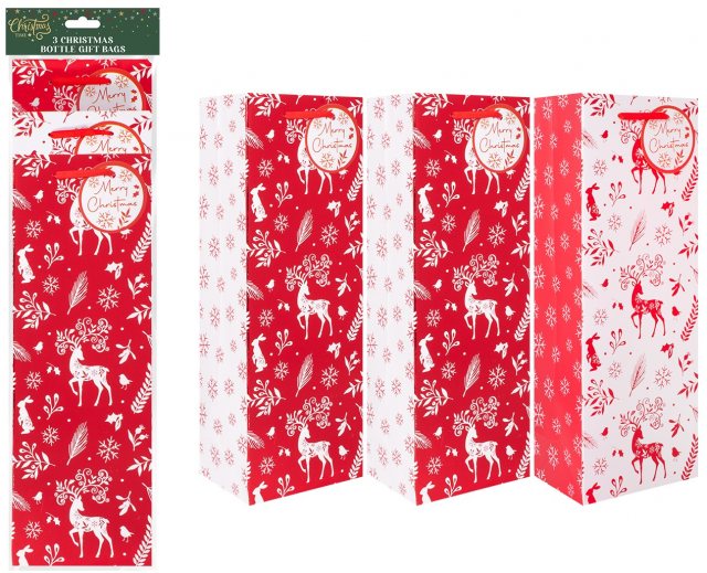 Christmas Bottle Bag Red Reindeer 3 Pack