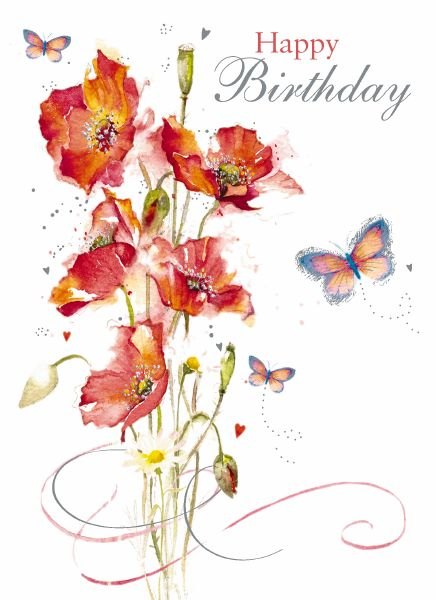 Decoupage Red Flowers & Butterflies Birthday Card