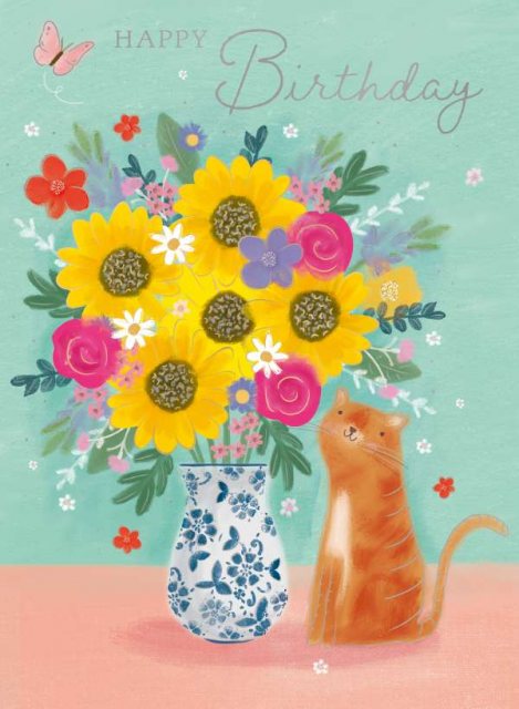 Decoupage Cat & Flowers Birthday Card