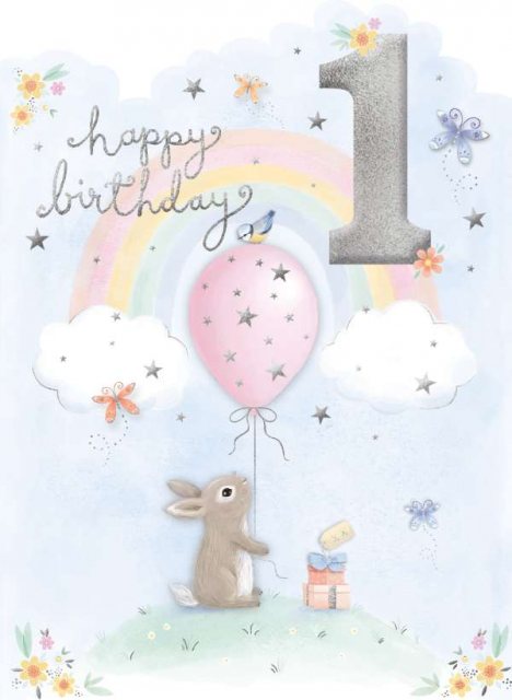 Age 1 Bunny & Balloons Birthday Card