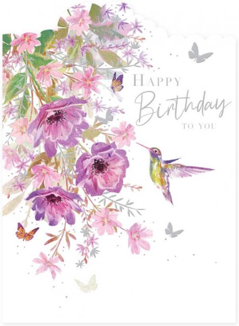 Flowers & Hummingbird Happy Birthday Card