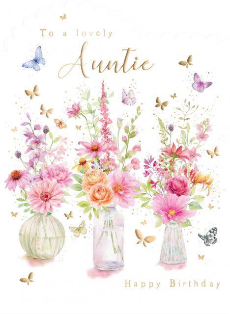 3 Vases Of Flowers Auntie Birthday Card