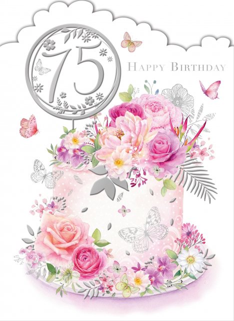 Floral Cake 75th Birthday Card