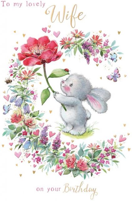 Bunny & Flower Wife Birthday Card