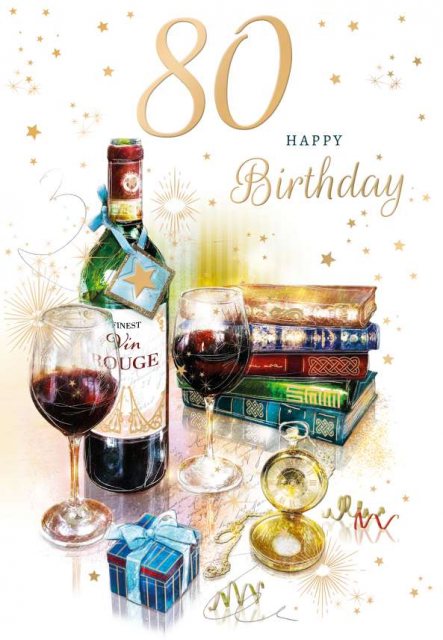 Red Wine & Books 80th Birthday Card