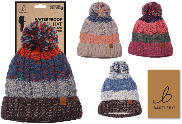 BARTLEB Bartleby Waterproof Sherpa Lined Striped Bobble Hat Assorted