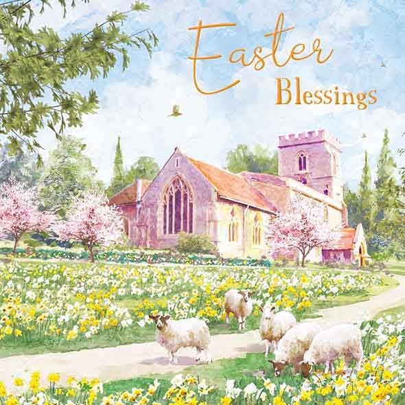 Easter Blessings Sheep Outside Church Card