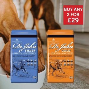 Special offers on selected Dr John and Arkwrights dog food. Any 2 Dr John Gold or Silver for 𝐎𝐍...